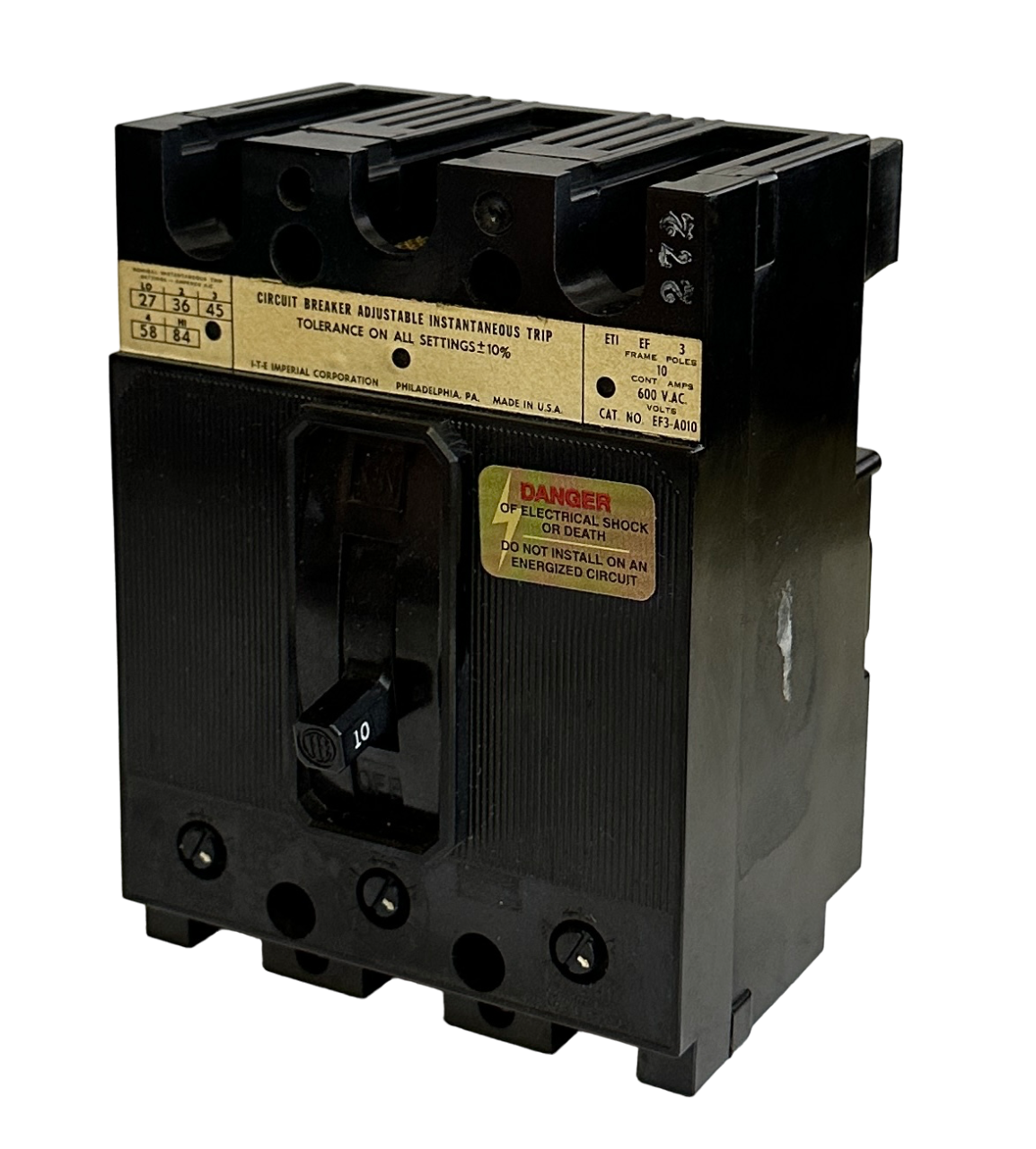 Used NEW ITE EF3-A010 / EF3A010 CIRCUIT BREAKER W/ ADJUSTABLE INSTANTANEOUS TRIP 600V