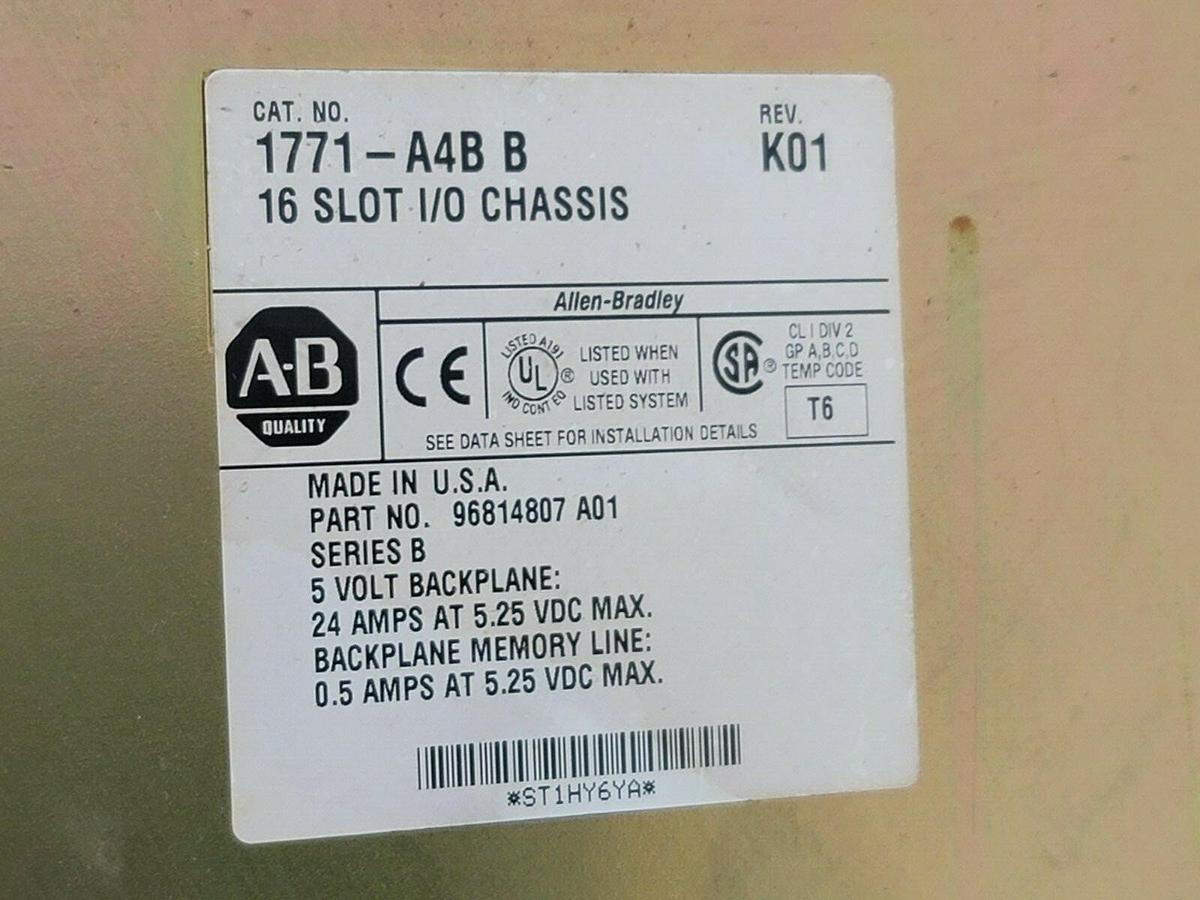Used ALLEN BRADLEY 1771-A4B 16 SLOT I/O CHASSIS SER. B REV. K01 W/ 15 1771-IAD SER. D