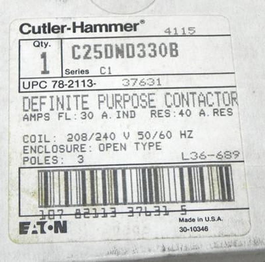 Used NIB CUTLER HAMMER C25DND330B DEFINITE PURPOSE CONTACTOR