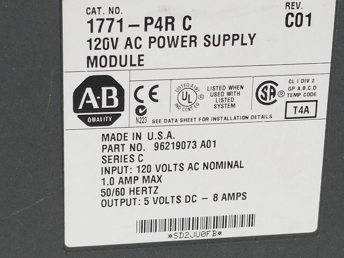 Used ALLEN BRADLEY 1771-P4R C POWER SUPPLY 120V AC MODULE, REV. C01, 96219073 A01