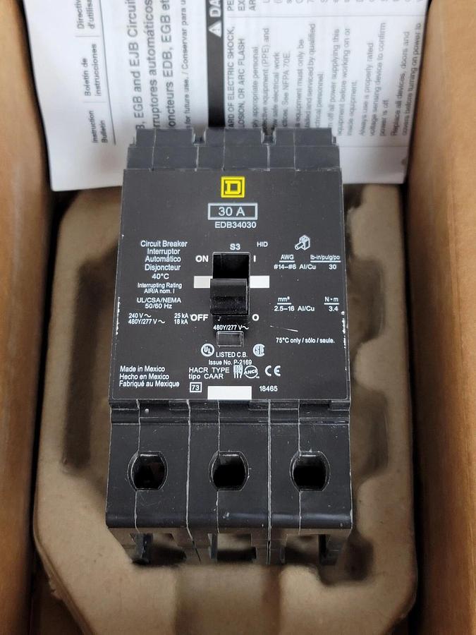 NEW SQUARE D EDB34030 EDB SERIES CIRCUIT BREAKER 30A 3P 50/60Hz