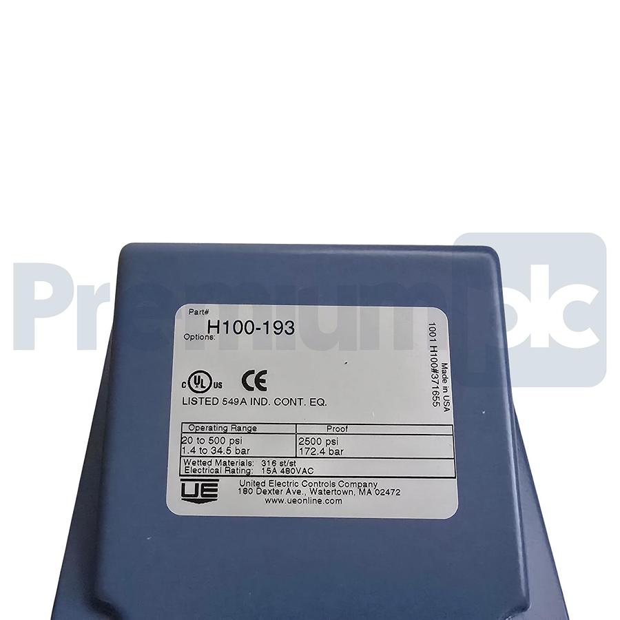 UE United Electric H100-193 Pressure Switch 20-500 psi 15A 480V NSMP