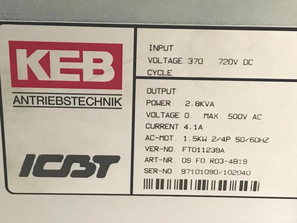 Used KEB 09 F0 R03-4B19 FREQUENCY INVERTER DRIVE 2.8KVA, 0-500VAC, 4.1A