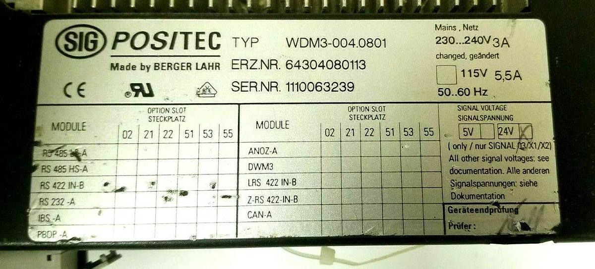 Used SIG POSITEC BERGER LAHR WDM3-004.0801 REV. 09 SERVO DRIVE WDM30040801