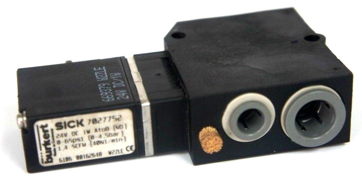 Used SICK OPTIC ELECTRONIC 7027752 VALVE 24VDC, 1W, 0-65PSI, 3/8" & 1/4" PORTS