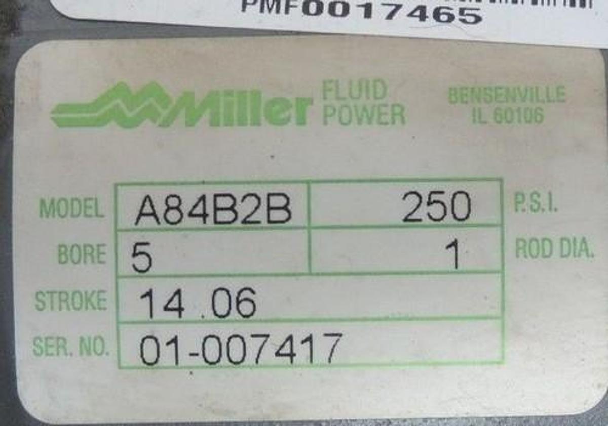 Used NIB MILLER PNEUMATIC A84B2B AIR CYLINDER 5" BORE 14.06" STROKE 250PSI 1" ROD DIA