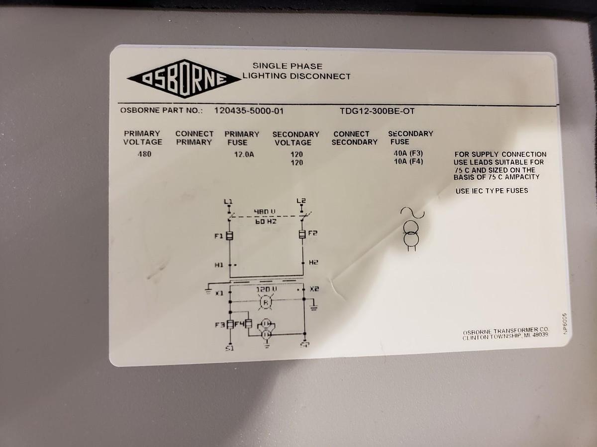 Used OSBORNE 120435-5000-01 LIGHTING DISCONNECT TRANSFORMER TDG12-300BE-OT 120-480V