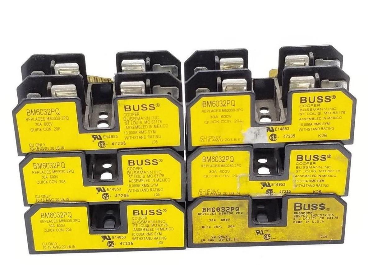 Used LOT OF 6 BUSS BM6032PQ FUSEHOLDERS, 30A, 250V, 2P