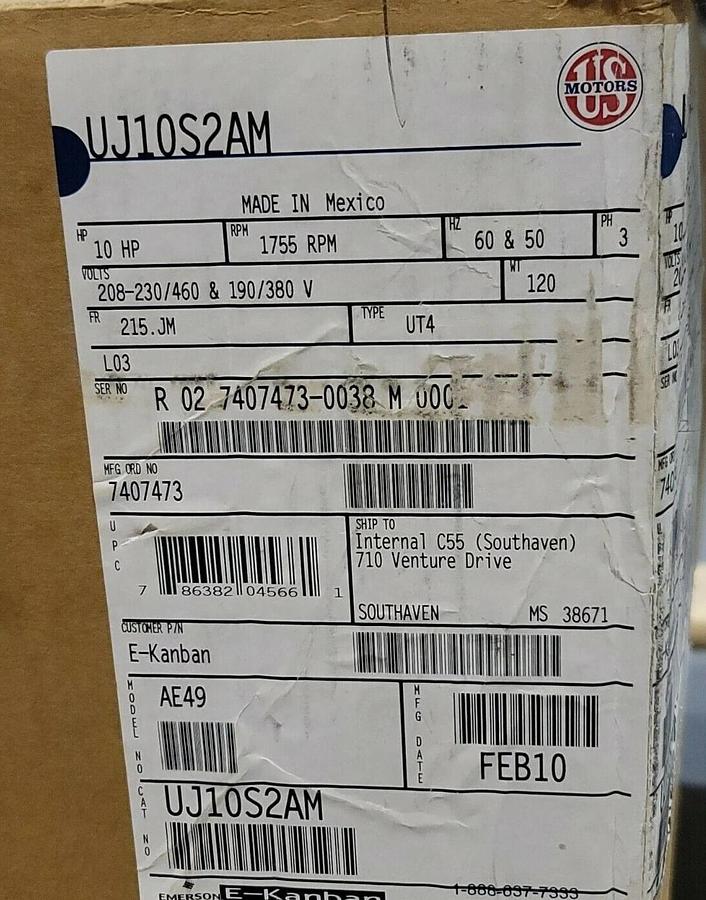 Used NIB US MOTORS UJ10S2AM MOTOR 10HP, 1755 RPM, TYPE: UT4, 208-230/460 & 190/380V