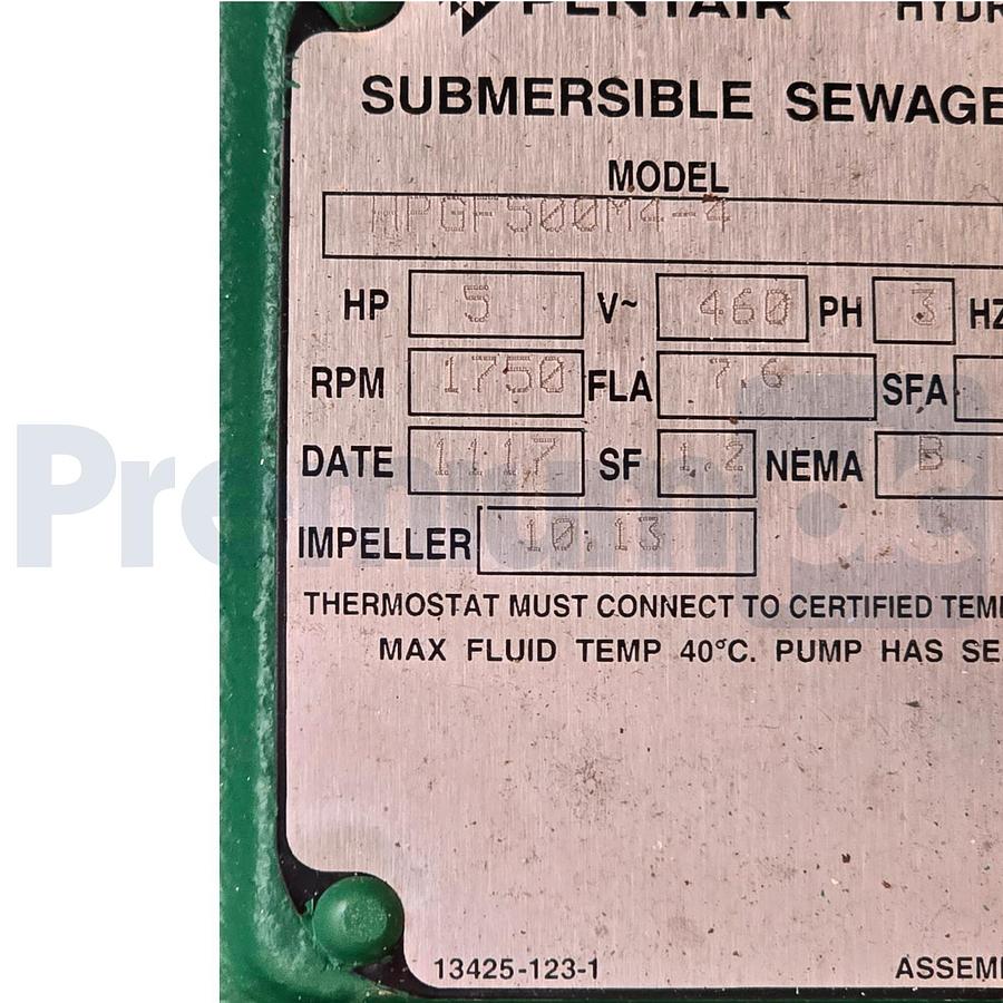 Used PENTAIR HYDROMATIC HPGF500M4-4 SUBMERSIBLE SEWAGE PUMP 5HP 460V 515111147 NSMP