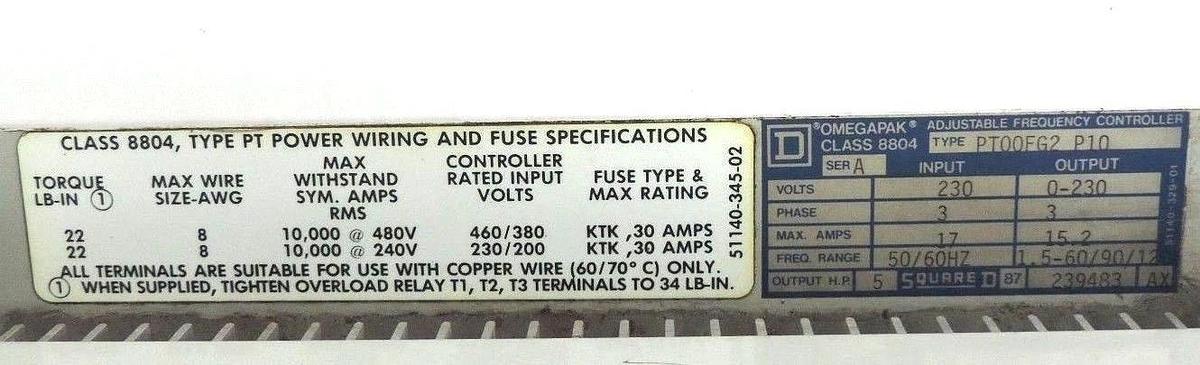 Used SQUARE D OMEGAPAK 8804-PT00FG2-P10 ADJUSTABLE FREQUENCY CONTROLLER DRIVE 5HP 3PH