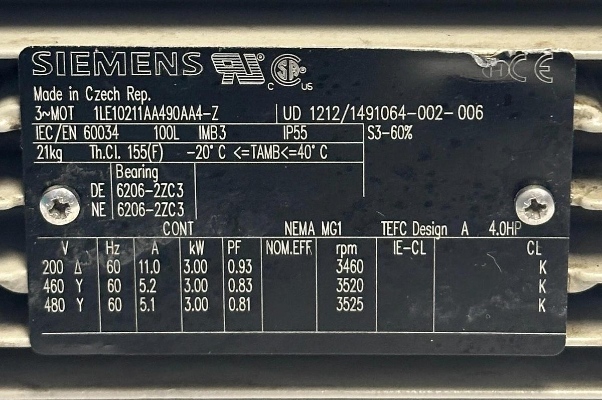 Used SIEMENS 1LE10211AA490AA4-Z / 1LE10211AA490AA4Z SIMOTICS MOTOR 3kW/4HP USNP