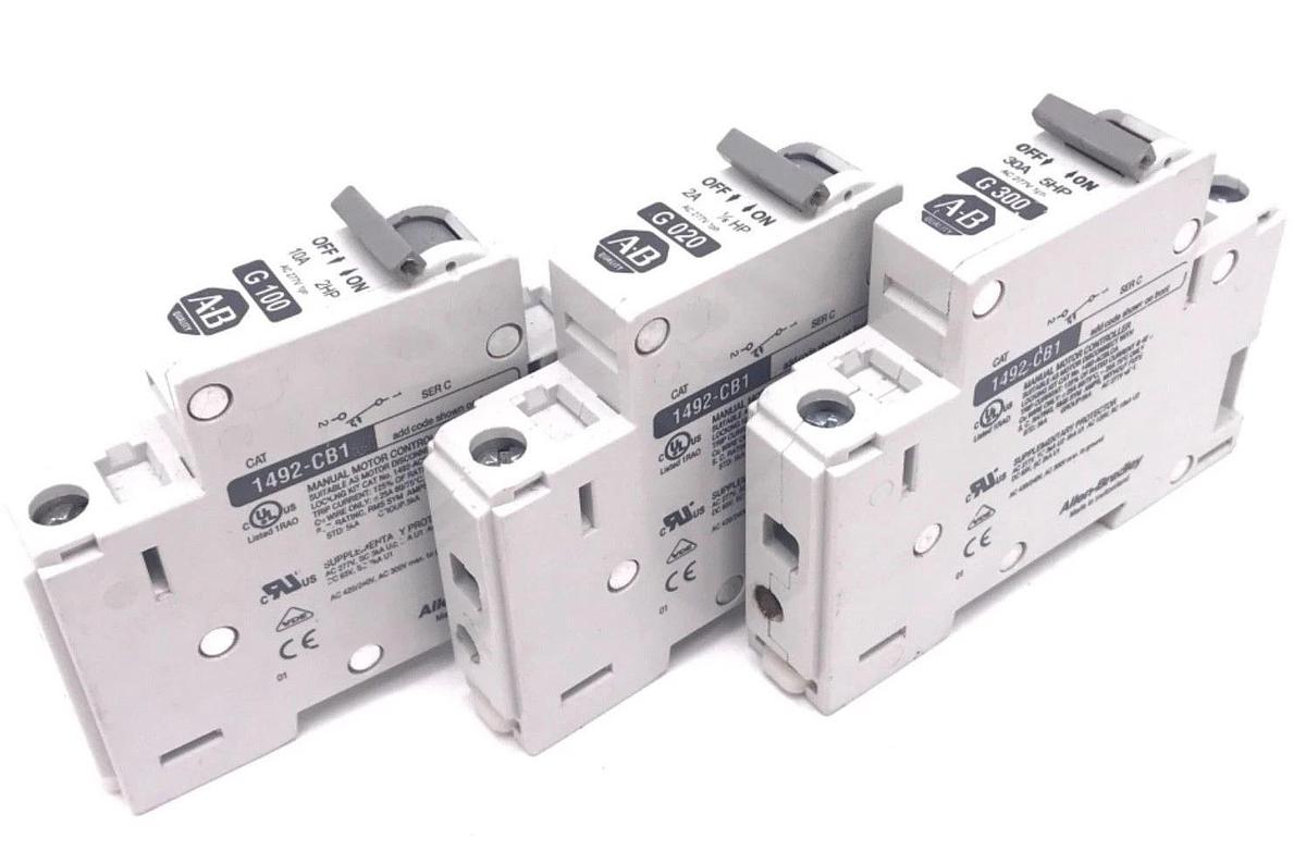 Used LOT OF 3 ALLEN BRADLEY 1492-CB1 SER. C CIRCUIT BREAKERS G-020, G-100, G-300