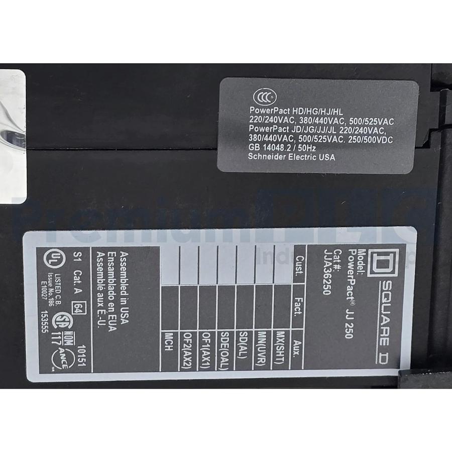 SQUARE D JJA36250 PowerPact JJ 250 CIRCUIT BREAKER 250A, 3-POLE, 600VAC NSNP