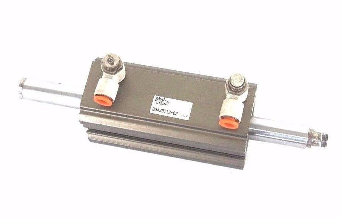 Used PHD ML302847 ROTARY ACTUATOR CYLINDER 03439713-02 W/ SMC FLOW VALVES