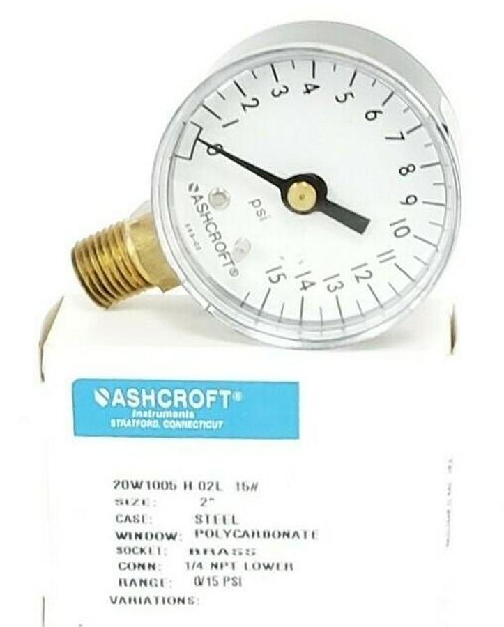 Used NIB ASHCROFT 20W-1005-H-02L-15 PRESSURE GAUGE 0-15PSI 2'' IN. 1/4 NPT LOWER