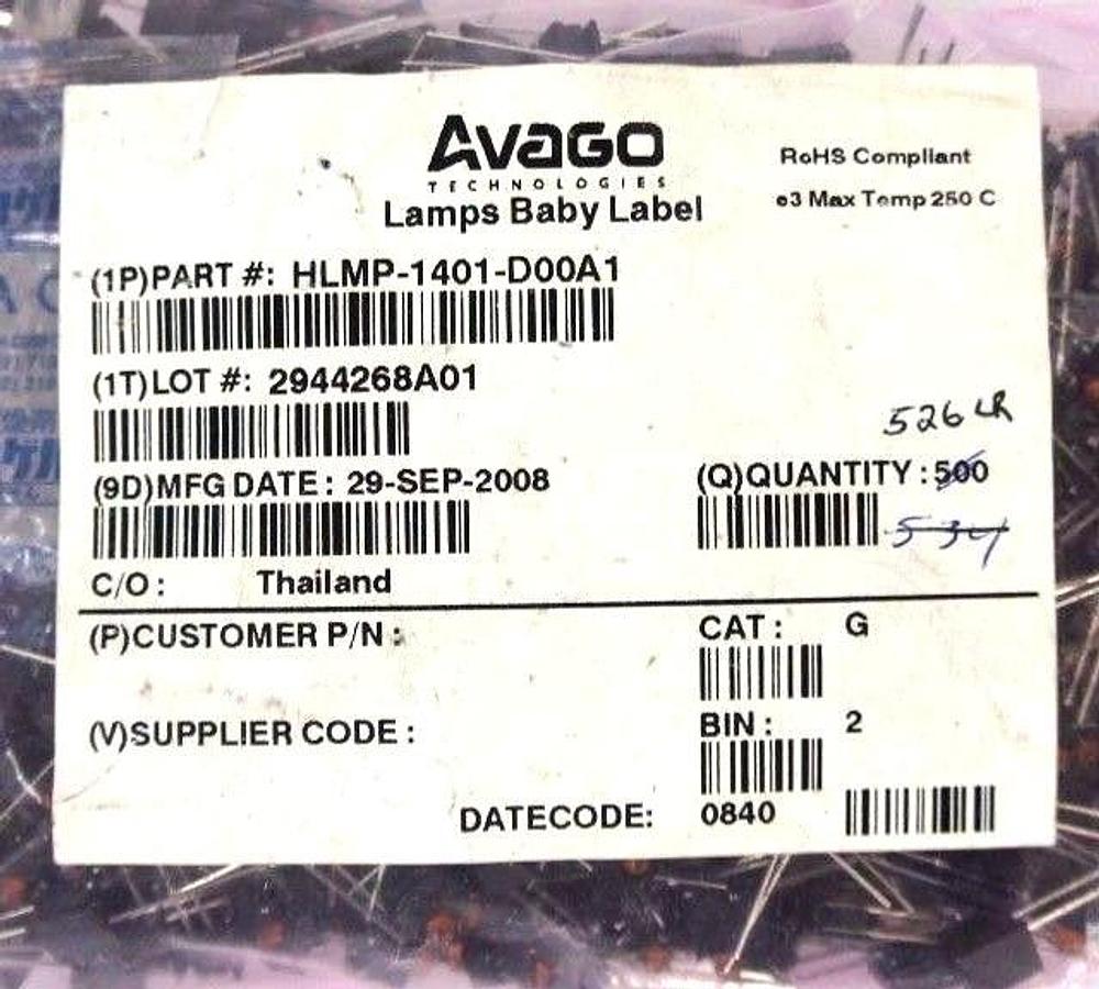BAG OF 526 NEW AVAGO HLMP-1401-D00A1 LED, T-1, YELLOW, 3.6MCD, 585NM LAMPS
