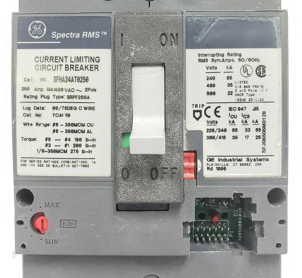 Used GE SFHA24AT0250 SPECTRA RMS CURRENT LIMITING CIRCUIT BREAKER 250AMP 480VAC 2POLE