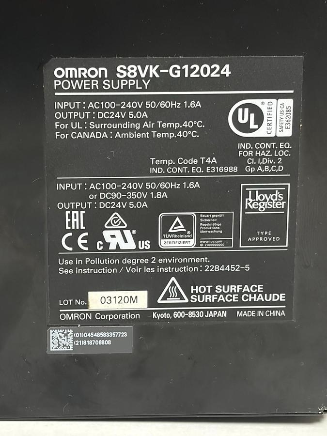 Used Omron S8VK-G12024 DIN Rail Power Supply 24V 5A 120W Switch Mode
