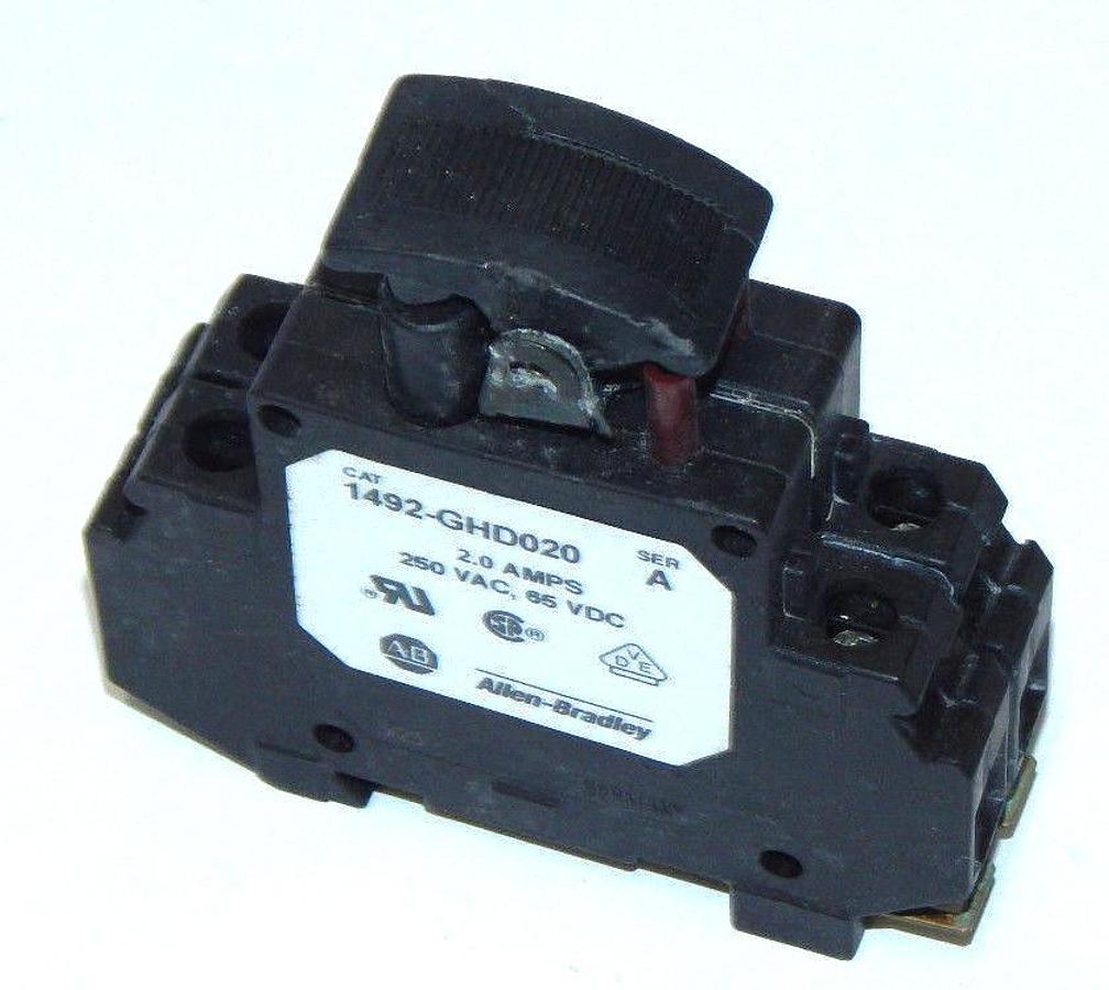 Used ALLEN BRADLEY 1492-GHD020 SER. A CIRCUIT BREAKER 2AMPS 250VAC, 65VDC