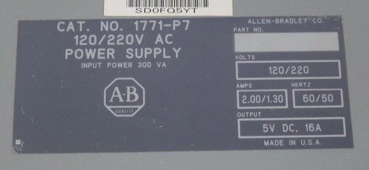Used ALLEN BRADLEY 1771-P7 POWER SUPPLY SER B 120/220VAC 1771P7