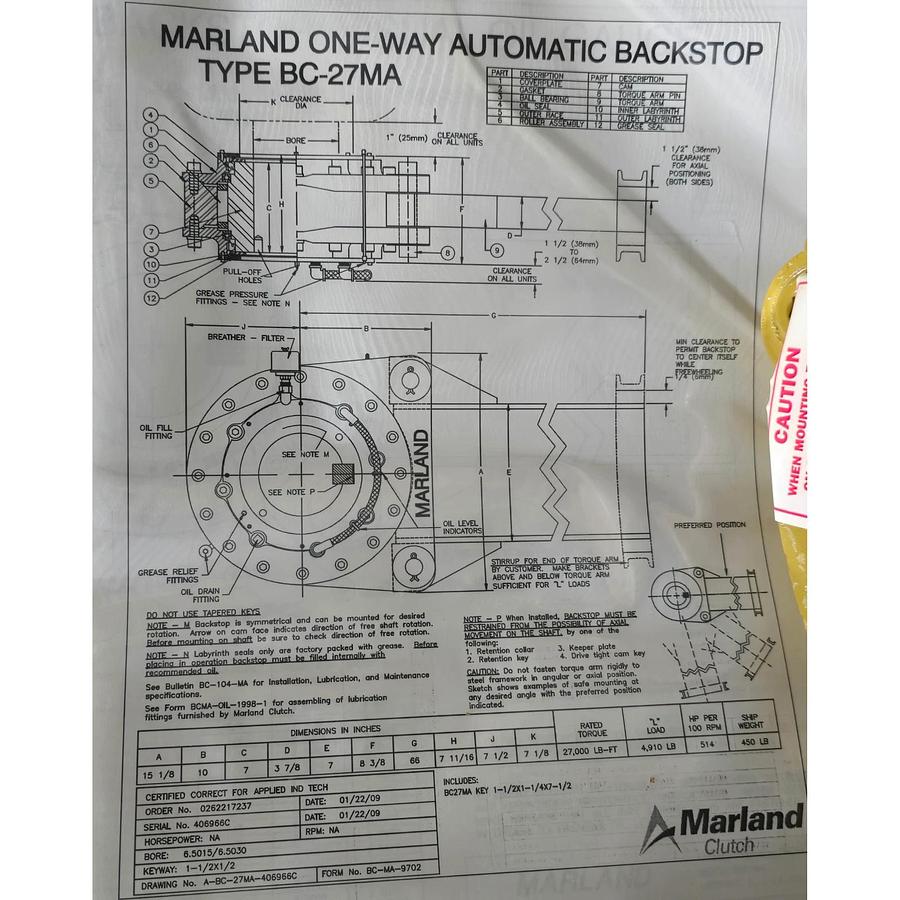 MARLAND CLUTCH (RRX) BC-27MA (6.50") ONE-WAY AUTOMATIC BC BACKSTOP W/TORQUE ARM