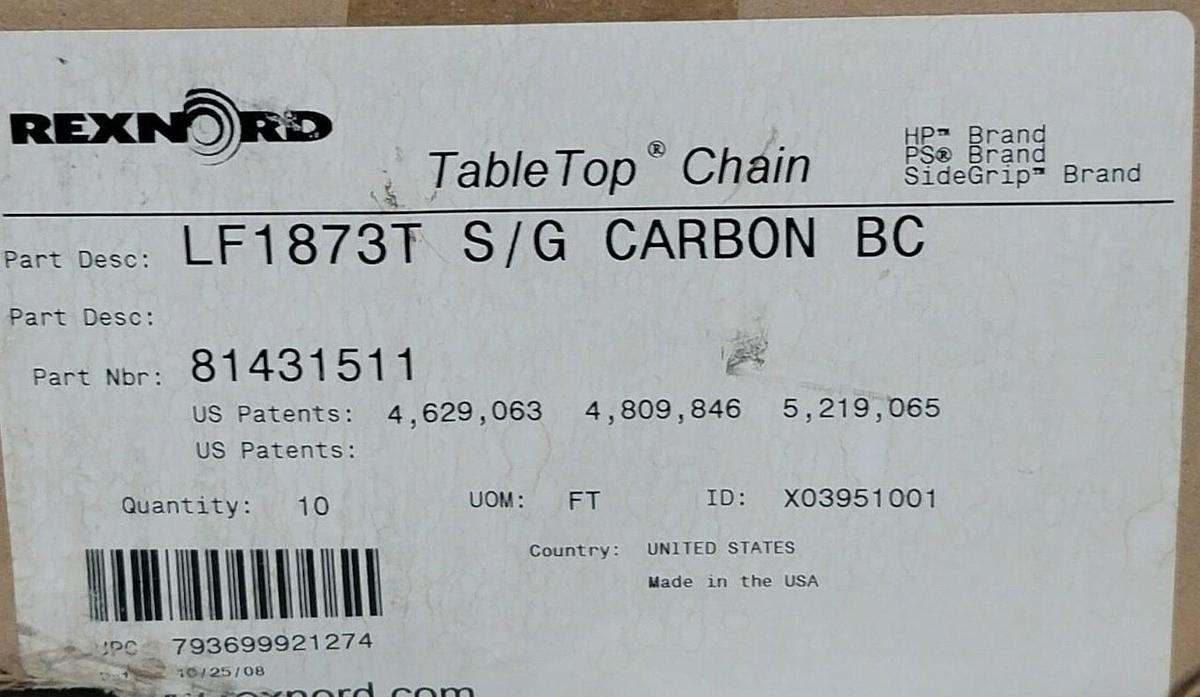 NIB REXNORD 81431511 LF1873T S/G CARBON BC TABLE TOP CHAIN W: 3.75" PITCH 1.5"