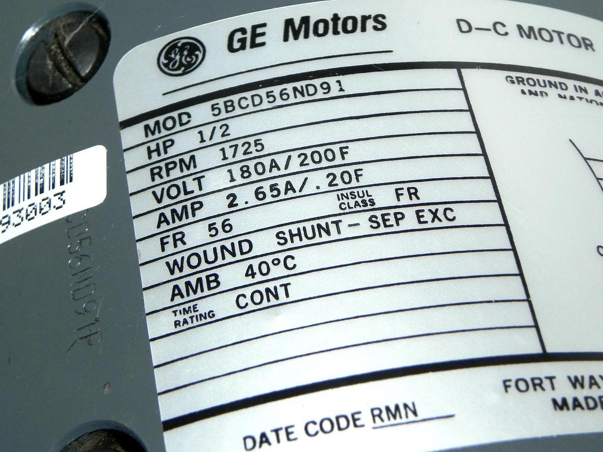 Used NEW GENERAL ELECTRIC 58CD56ND91 AC MOTOR 1/2HP, 1725RPM, 180/200V W/OUT KEY