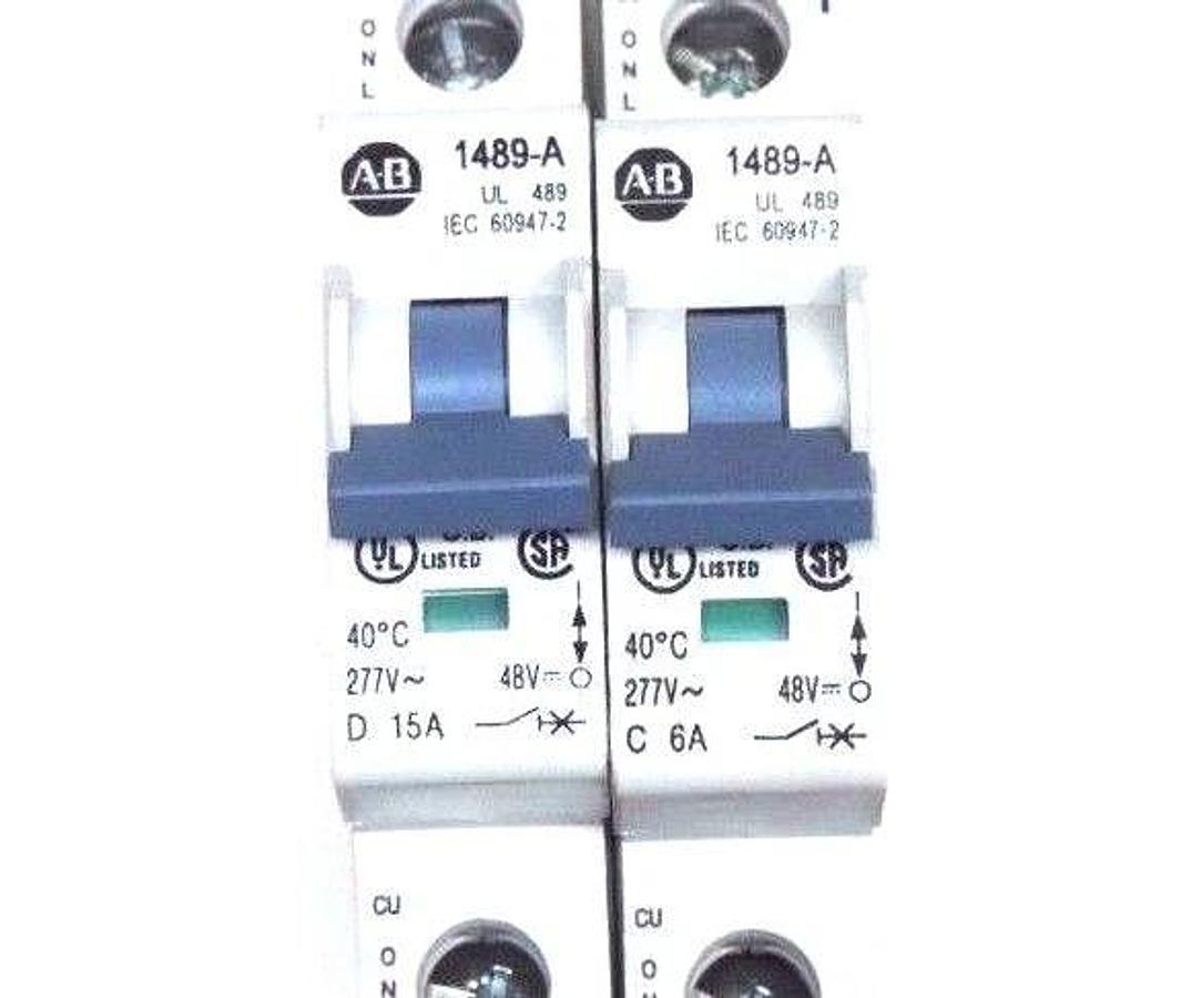 Used LOT OF 2 ALLEN BRADLEY CIRCUIT BREAKERS 1489-A15150 & 1489-A1C060 SER A, 277V