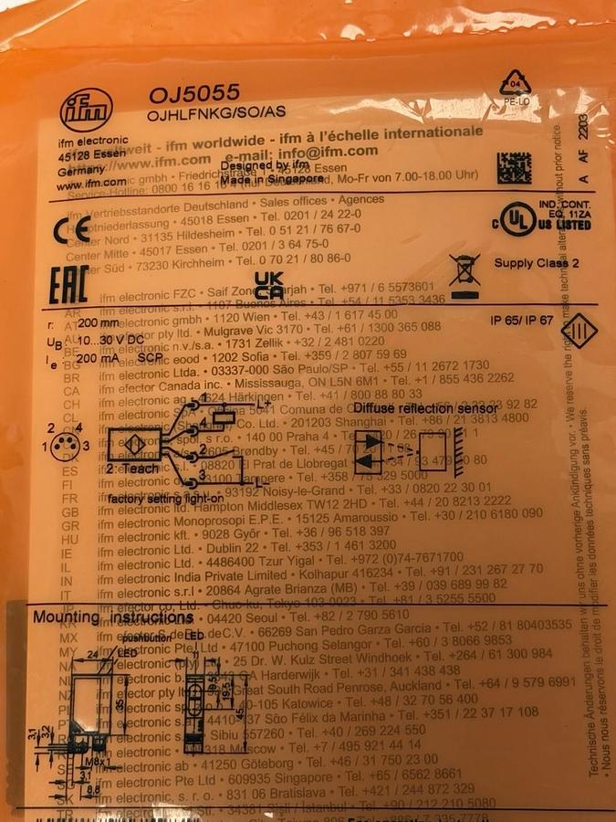 NEW IFM OJHLFNKG/SO/AS DIFFUSE REFLECTION SENSOR RED LIGHT OJ5055 200mm 10-30VDC