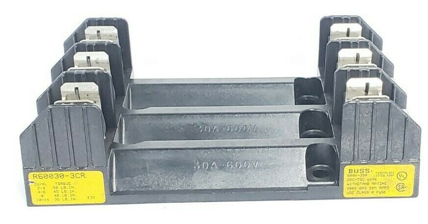 Used COOPER BUSSMANN R60030-3CR FUSE BLOCK 30AMP 3POLE 600VAC, R600303CR
