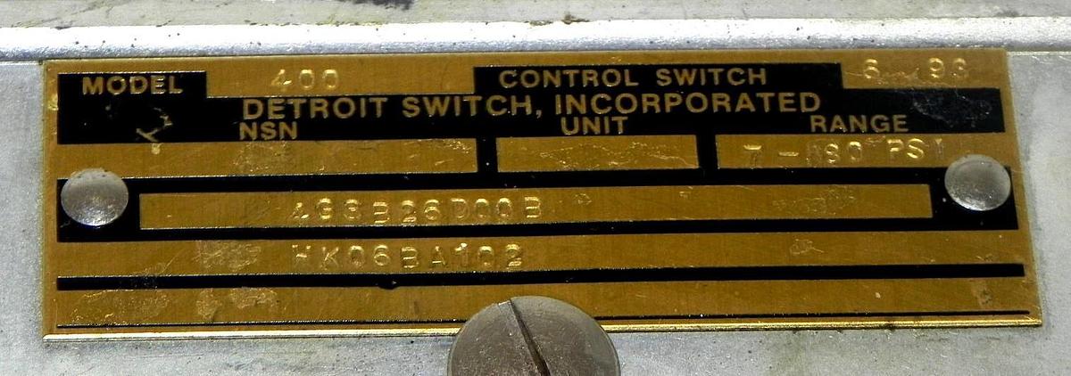 Used DETROIT SWITCH MODEL 400 CONTROL SWITCH 4G3B26D00B HK06BA102 RANGE: 7-80PSI