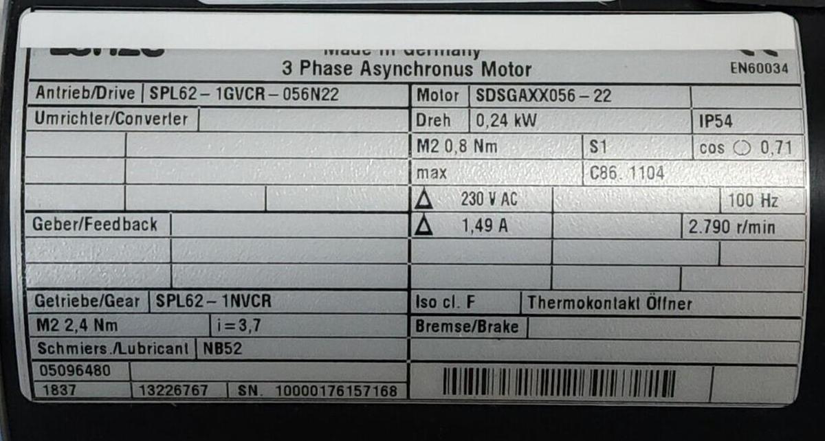 Used NEW LENZE SPL62-1GVCR-056N22 SERVO MOTOR SDSGAXX056-22 3-PHASE ASYNCHRONUS MOTOR