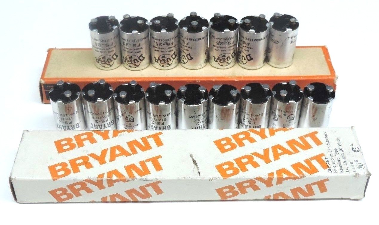 Used LOT OF 9 BRYANT FS-2 FLUORESCENT LAMPSTARTERS,  LOT OF 7 DURA FS-25 LAMPSTARTERS