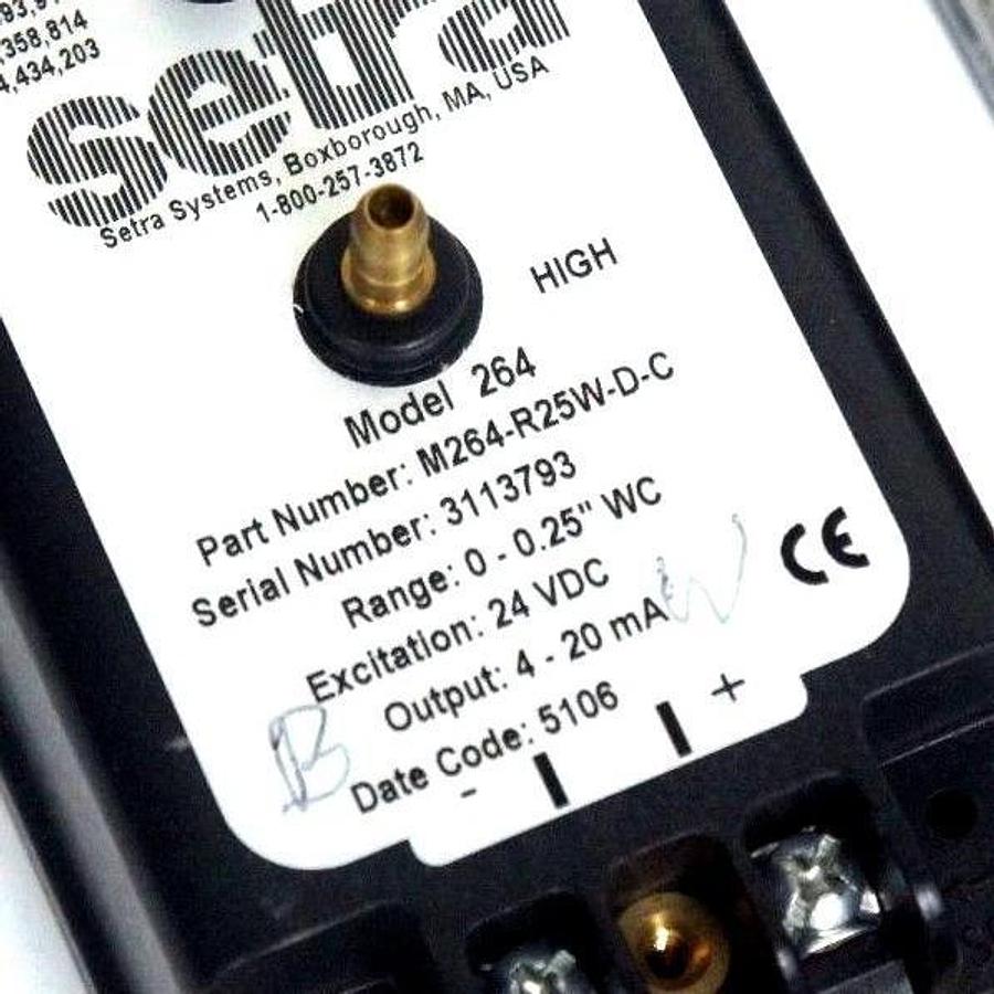 Used SETRA SYSTEMS M264-R25W-D-C PRESSURE TRANSMITTER 24VDC 4-20MA, M264R25WDC