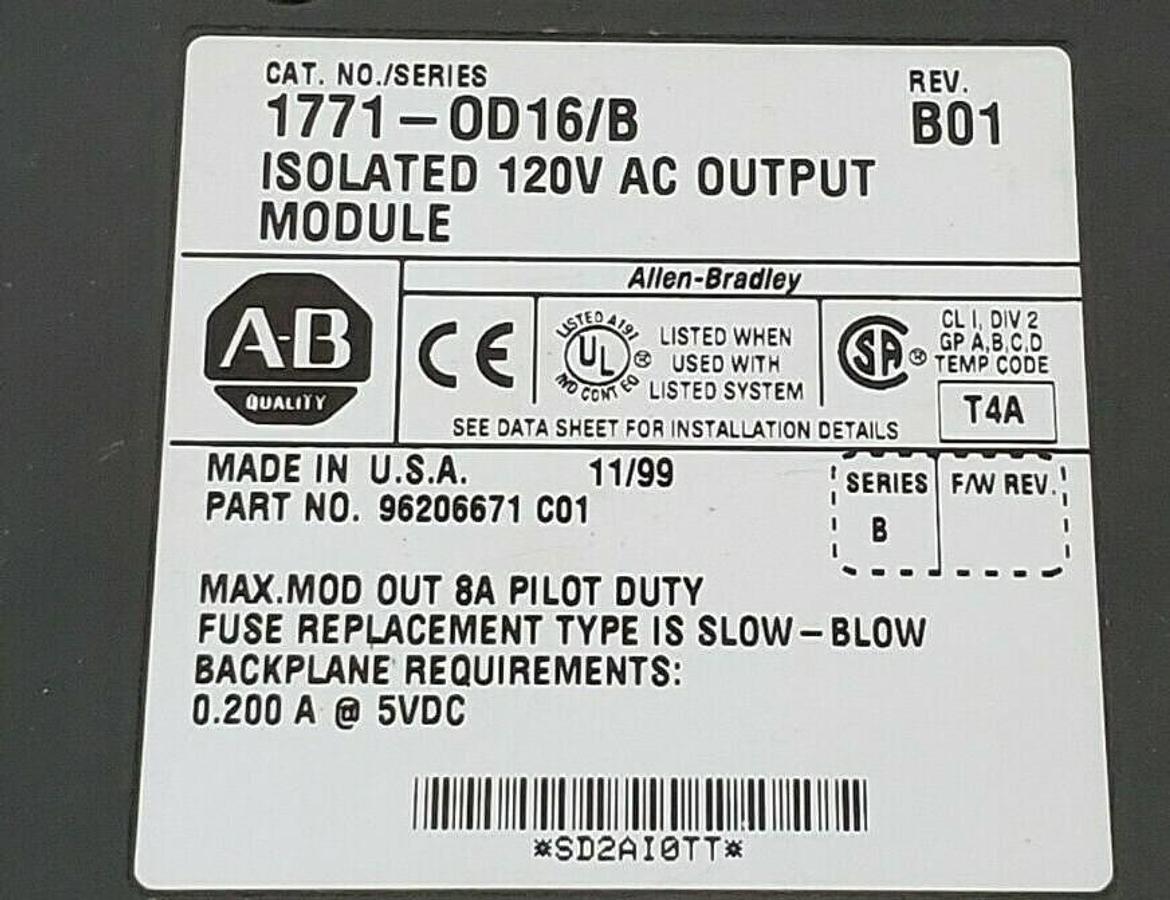 Used ALLEN-BRADLEY 1771-OD16 SER. B ISOLATED 120V AC OUPUT MODULE 1771-OD16/B REV B01