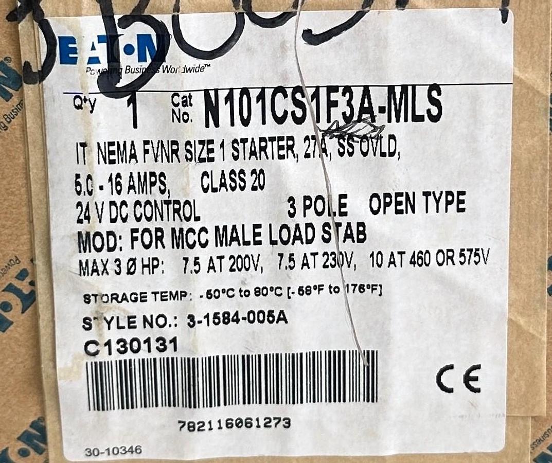 Used NEW EATON N101CS1F3A-MLS / 3-1584-005A NEMA FVNR SIZE 1 STARTER 27A 24VDC 3-POLE
