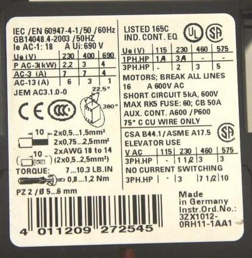 Used SIEMENS 3RT1015-1BB41 CONTACTOR NON REV, S00, 7A, 24 VDC, 3ZX1012-0RH11-1AA1