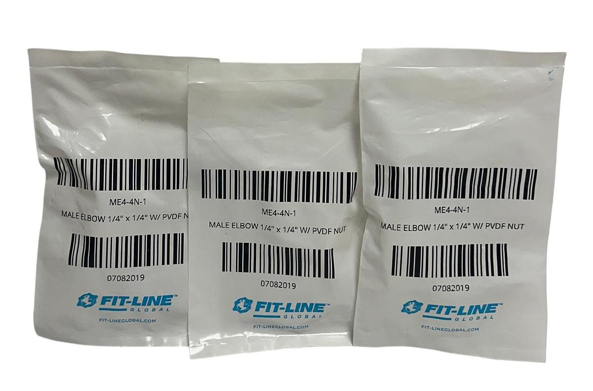 Used 3 FIT-LINE ME4-4N-1 / ME44N1 MALE ELBOWS 1/4'' x 1/4'' W/ PVDF NUT OEM NSMP