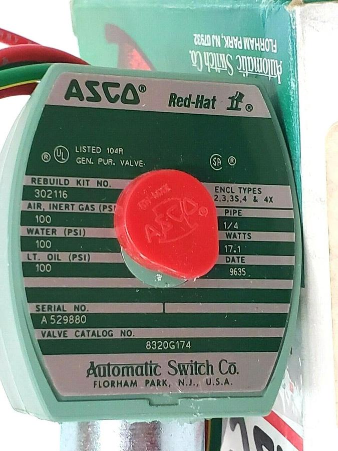 (2) NIB ASCO 8320G174 SOLENOID VALVES 120/60 - 110/50, 1/4 PIPE, 17.1 WATTS