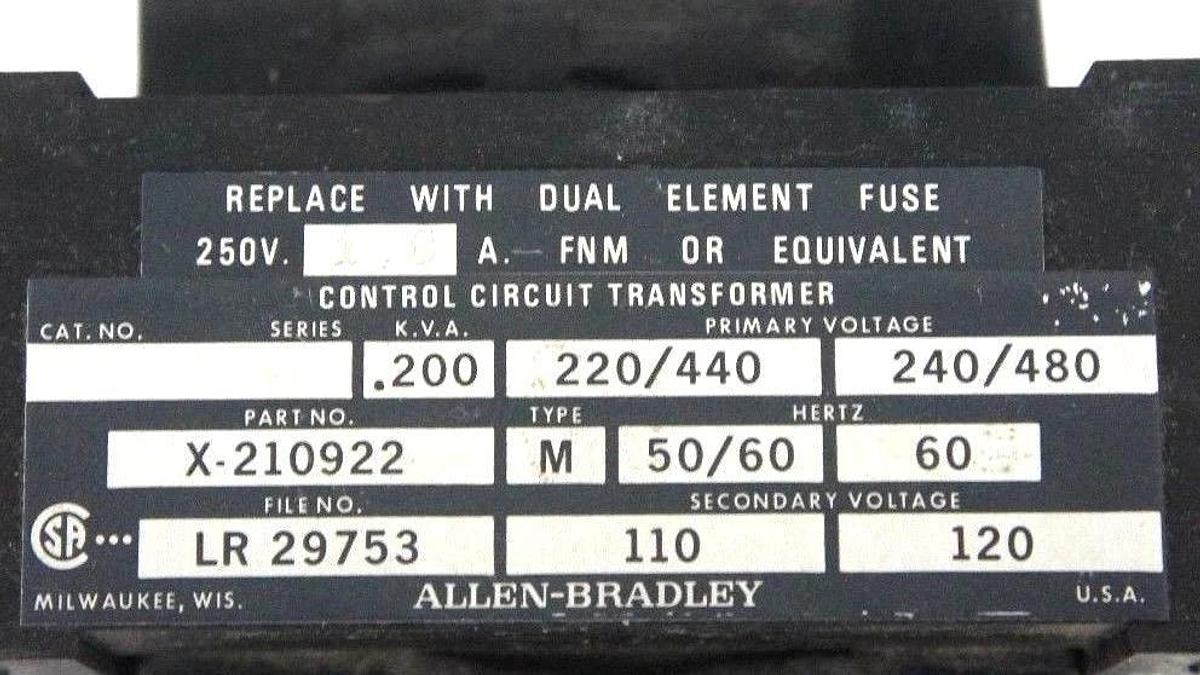 Used ALLEN BRADLEY X-210922 CONTROL CIRCUIT TRANSFORMER 220-480V, 50/60HZ