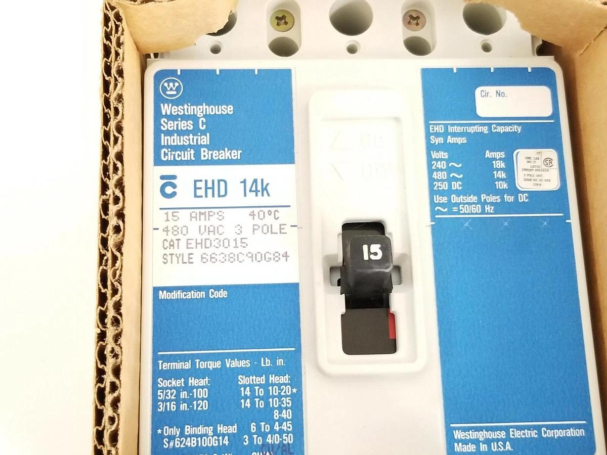 Used NIB WESTINGHOUSE EHD3015 CIRCUIT BREAKER 15A 480VAC 3P W/ 624B100G14 KIT