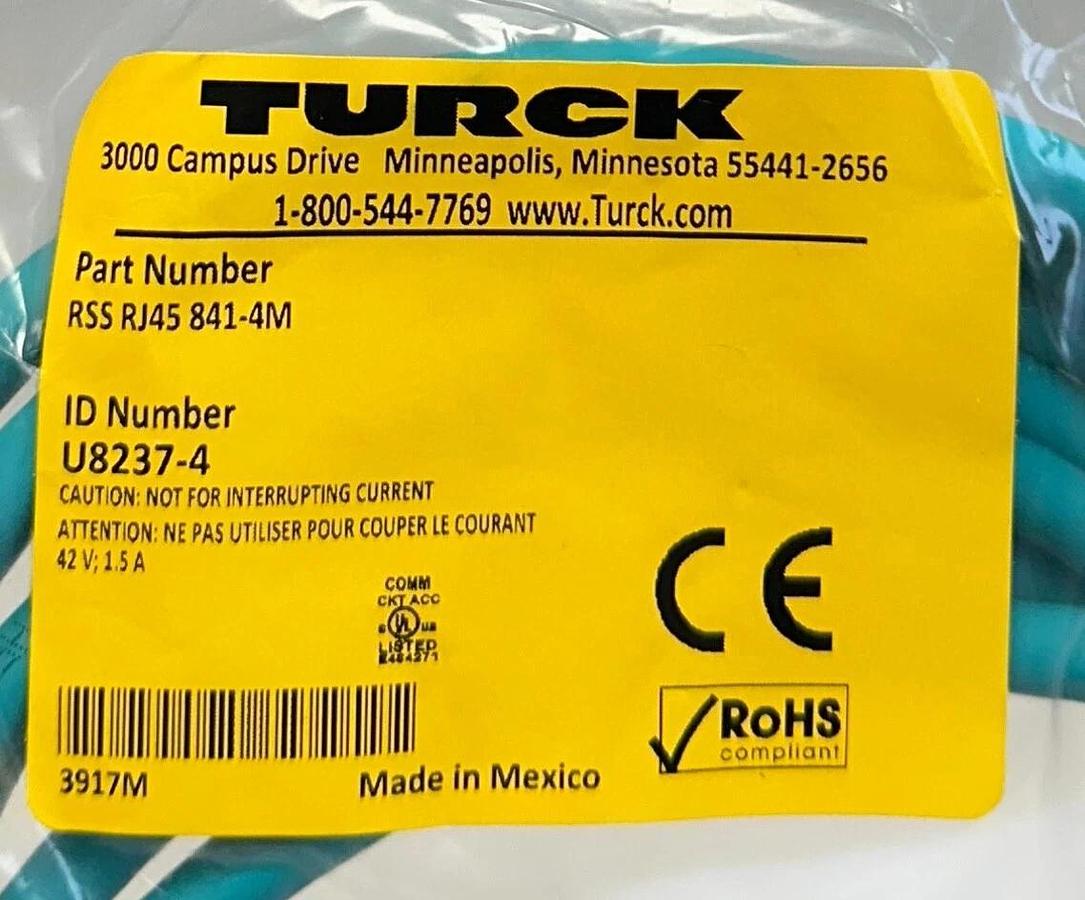 Used TURCK RSS RJ45 841-4M / U8237-4 INDUSTRIAL EtherNet EXTENSION CABLE 4M 48V NSFS