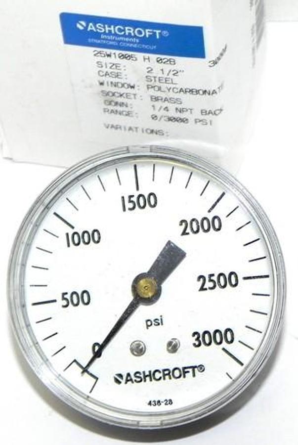 NIB ASHCROFT 25W1005 H 02B 3000 GAUGE SIZE: 2-1/2'', CONN: 1/4 NPT BACK