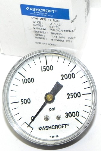 NIB ASHCROFT 25W1005 H 02B 3000 GAUGE SIZE: 2-1/2'', CONN: 1/4 NPT BACK