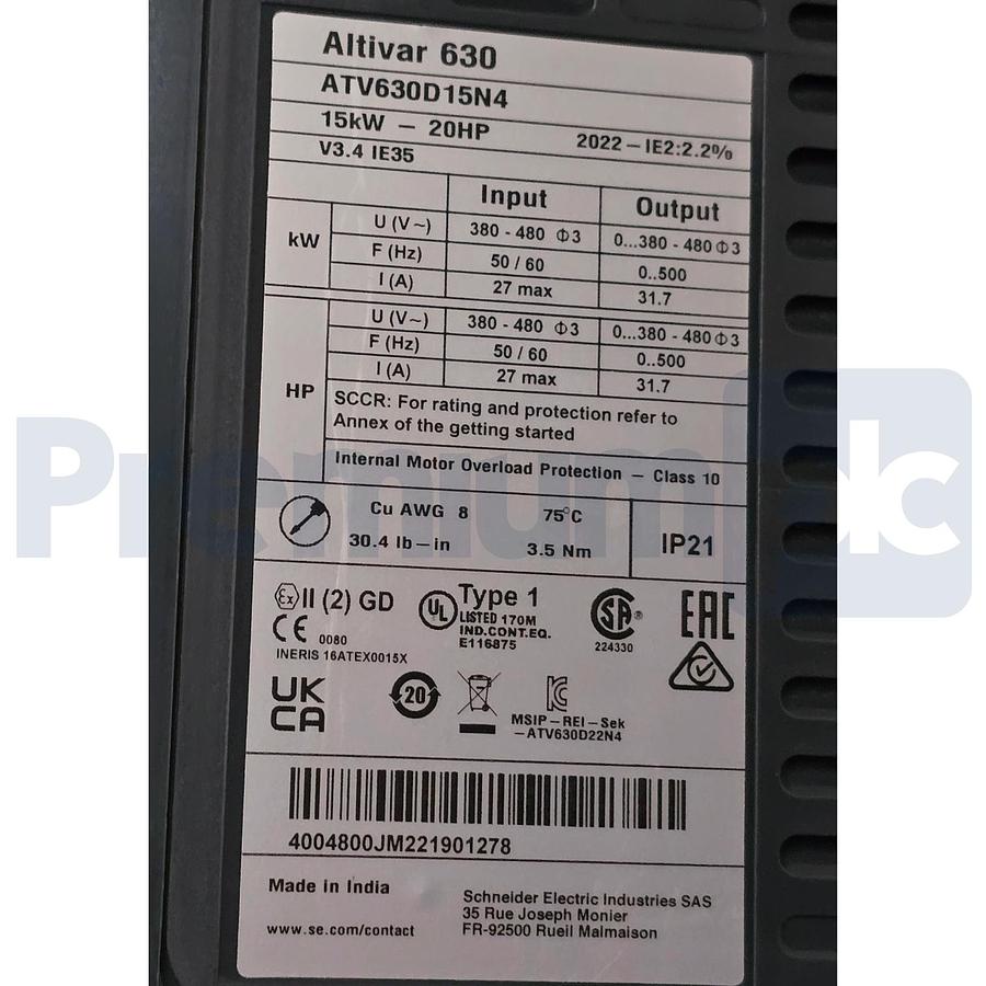 Used Schneider ATV630D15N4 Altivar ATV630 Variable Speed Drive VFD 3Ph 480V 20HP USPI