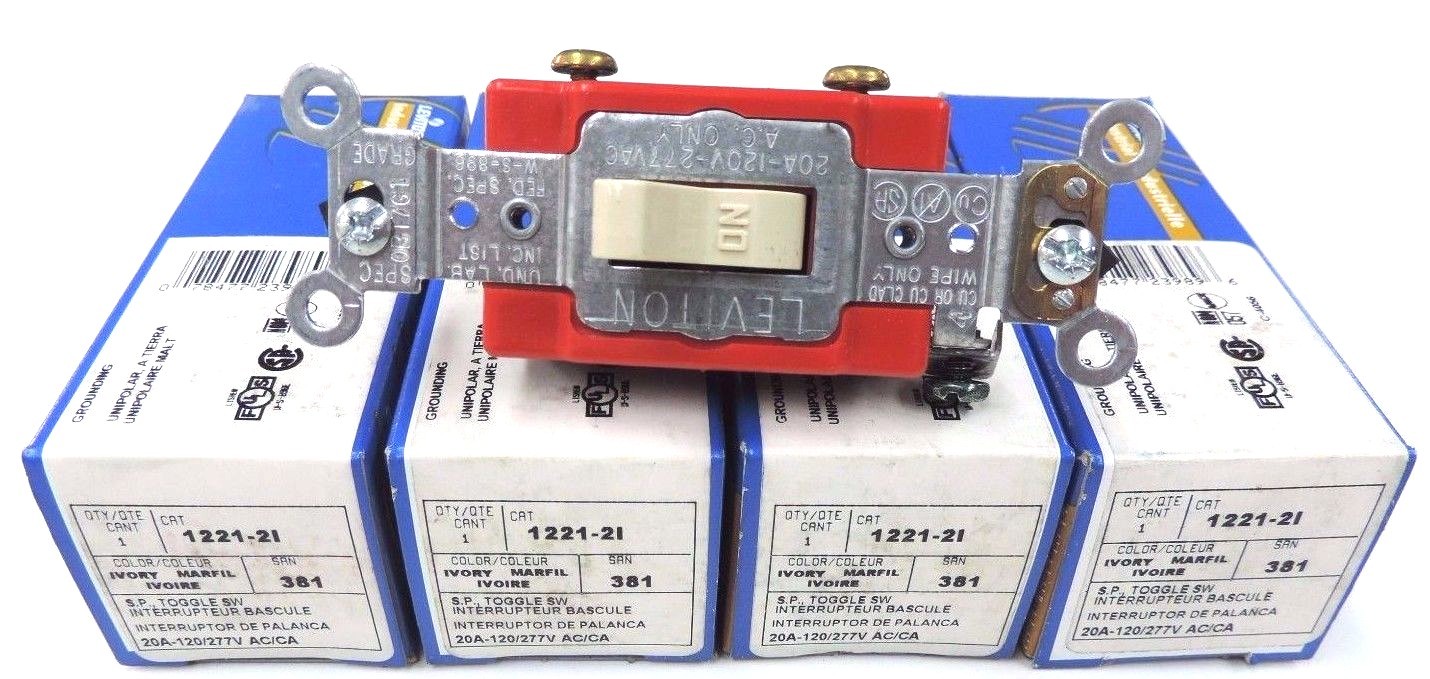 LOT OF 4 NIB LEVITON 1221-21 S.P. TOGGLE SWITCHES 20A-120/277V, IVORY