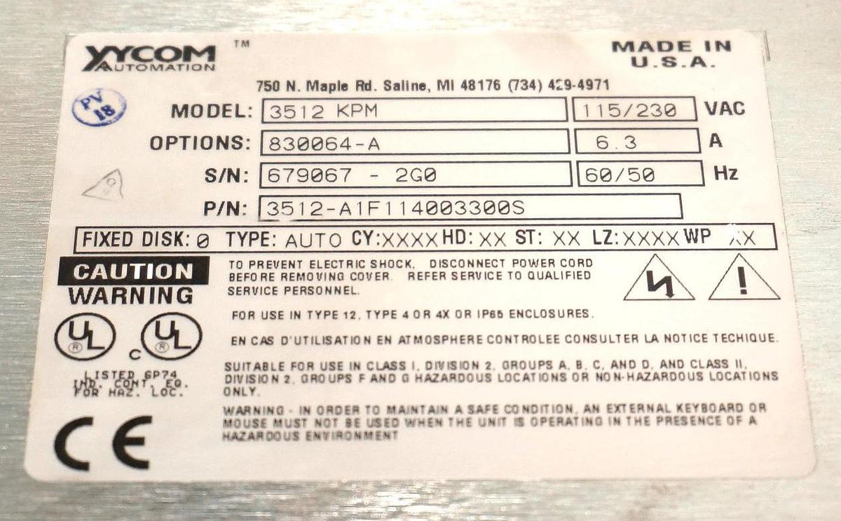 Used XYCOM 3512-KPM 12.1 INCH COLOR OPERATOR INTERFACE