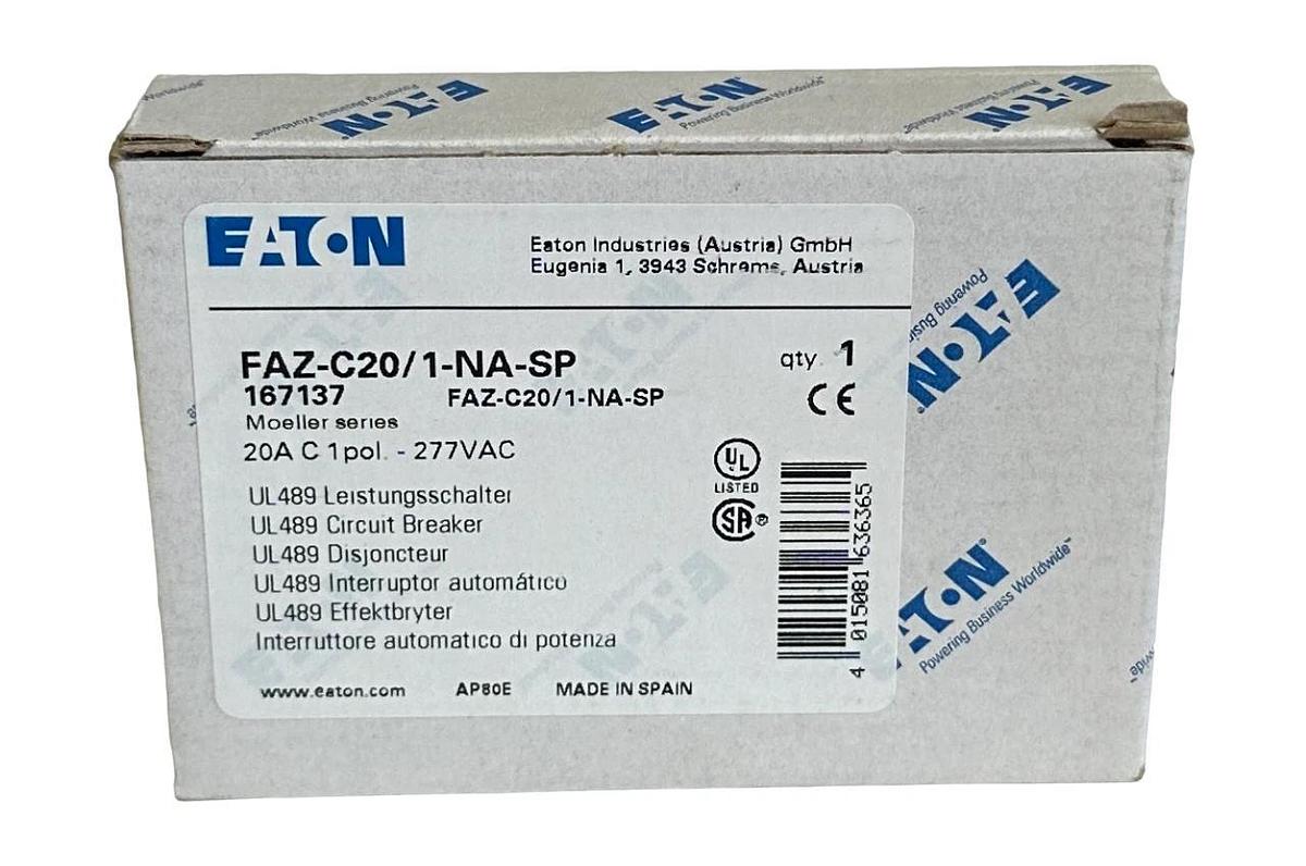 NEW EATON FAZ-C20/1-NA-SP / 167137 MOELLER SERIES 20A CIRCUIT BREAKER 1P 277VAC