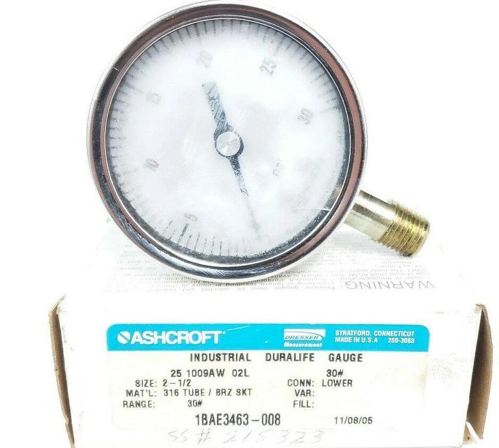 Used ASHCROFT 25-1009AW-02L PRESSURE GAUGE 2-1/2" 0-30PSI 30# 1BAE3463-008 238A460-01